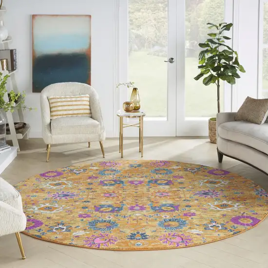 8' Gold Round Floral Power Loom Area Rug Photo 8