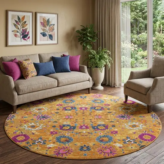 8' Gold Round Floral Power Loom Area Rug Photo 1
