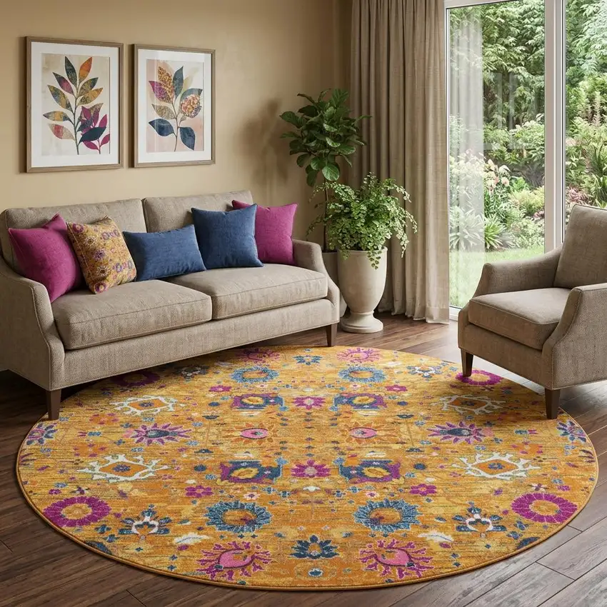 8' Gold Round Floral Power Loom Area Rug Photo 1