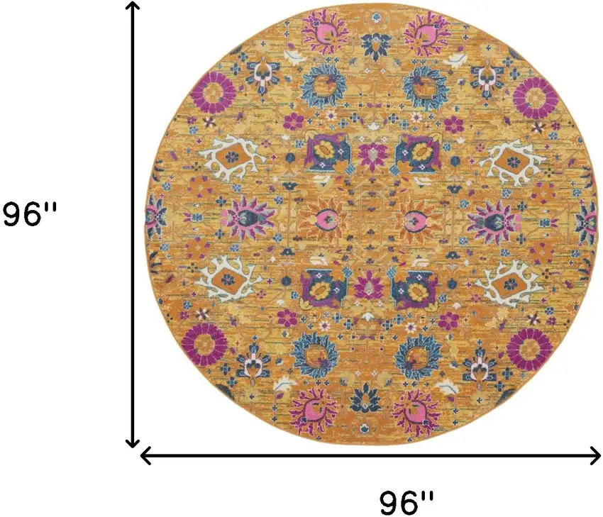 8' Gold Round Floral Power Loom Area Rug Photo 9
