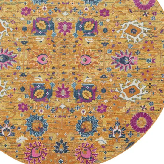 8' Gold Round Floral Power Loom Area Rug Photo 7