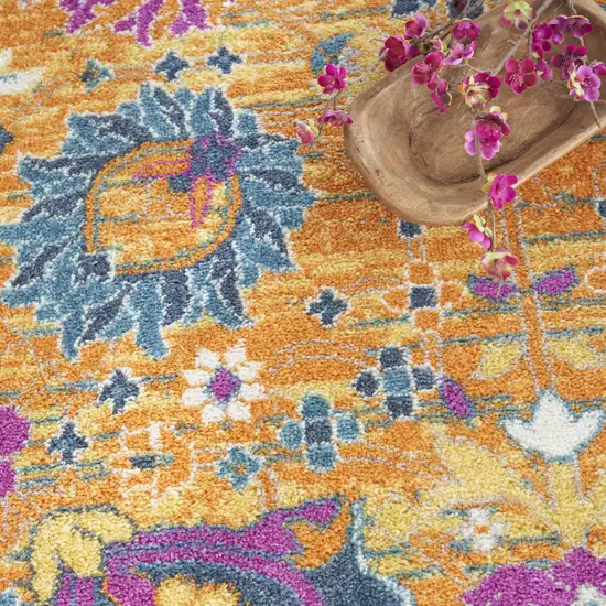 8' Gold Round Floral Power Loom Area Rug Photo 6