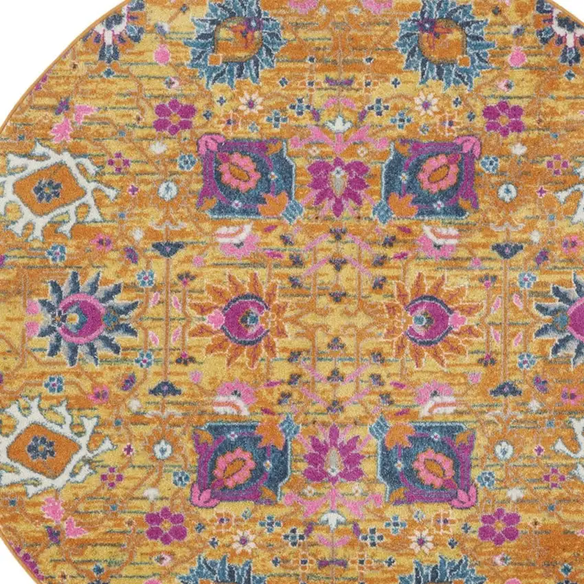 5' Gold Round Floral Power Loom Area Rug Photo 1