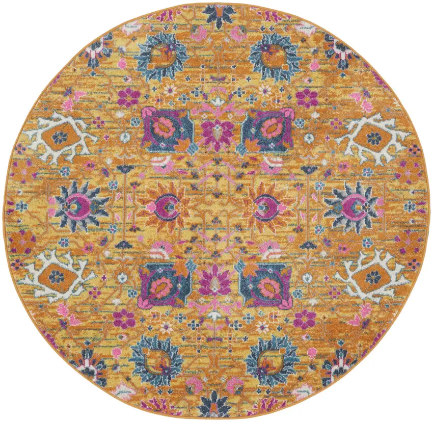 5' Gold Round Floral Power Loom Area Rug Photo 1