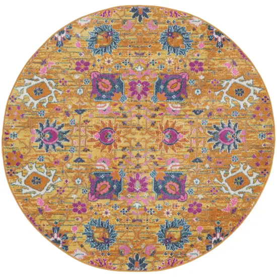 5' Gold Round Floral Power Loom Area Rug Photo 4