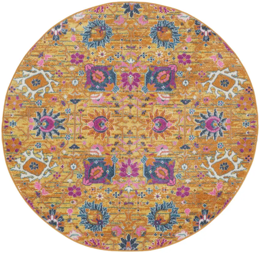 5' Gold Round Floral Power Loom Area Rug Photo 4
