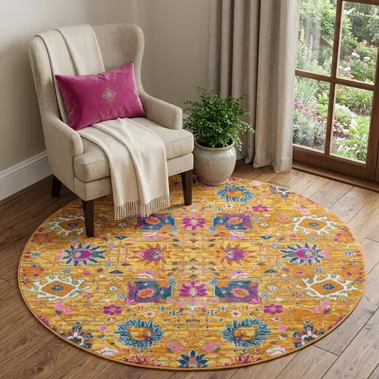 5' Gold Round Floral Power Loom Area Rug Photo 1