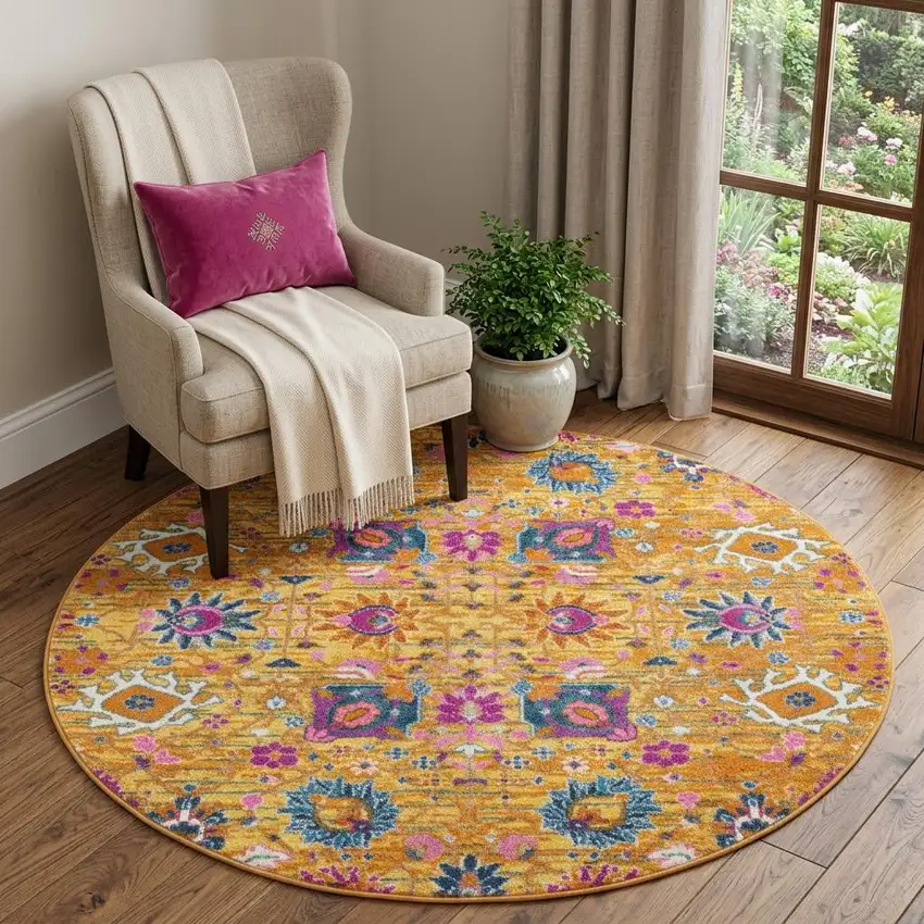5' Gold Round Floral Power Loom Area Rug Photo 1