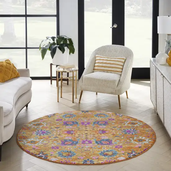 5' Gold Round Floral Power Loom Area Rug Photo 8