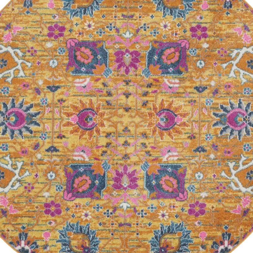 5' Gold Round Floral Power Loom Area Rug Photo 7