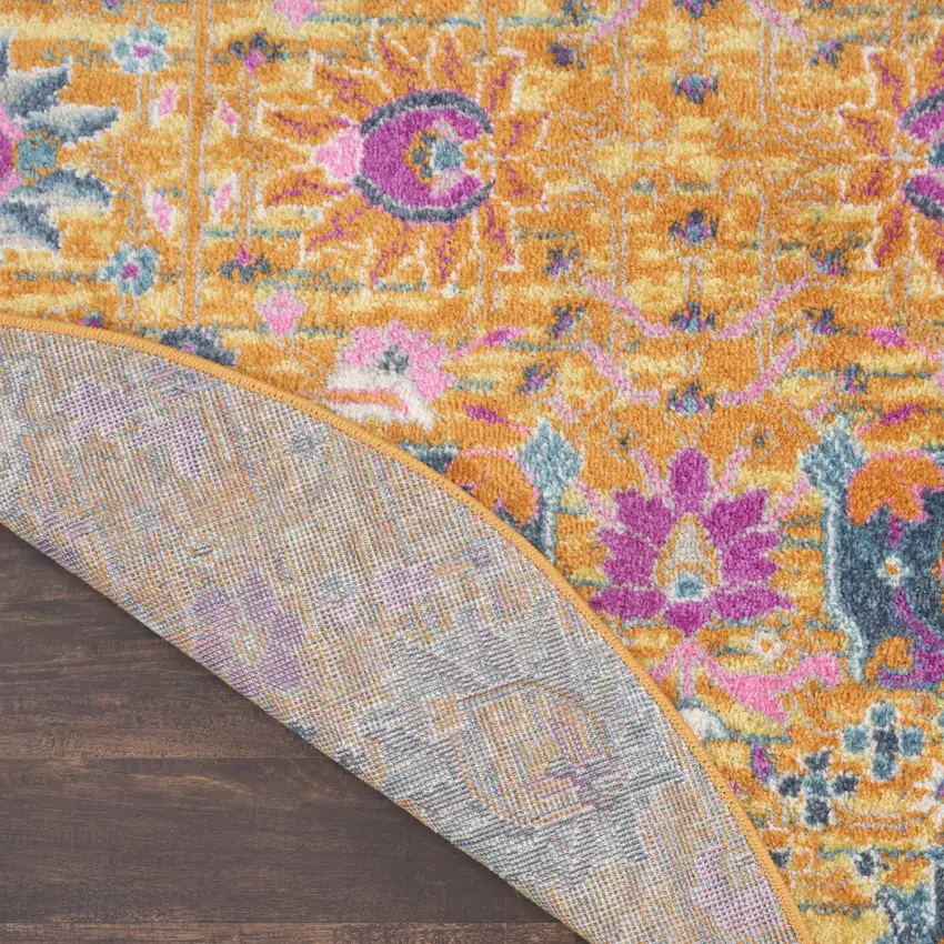 5' Gold Round Floral Power Loom Area Rug Photo 4