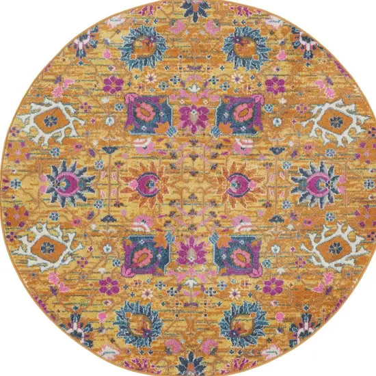 5' Gold Round Floral Power Loom Area Rug Photo 3