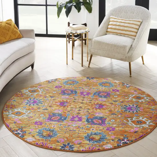5' Gold Round Floral Power Loom Area Rug Photo 5