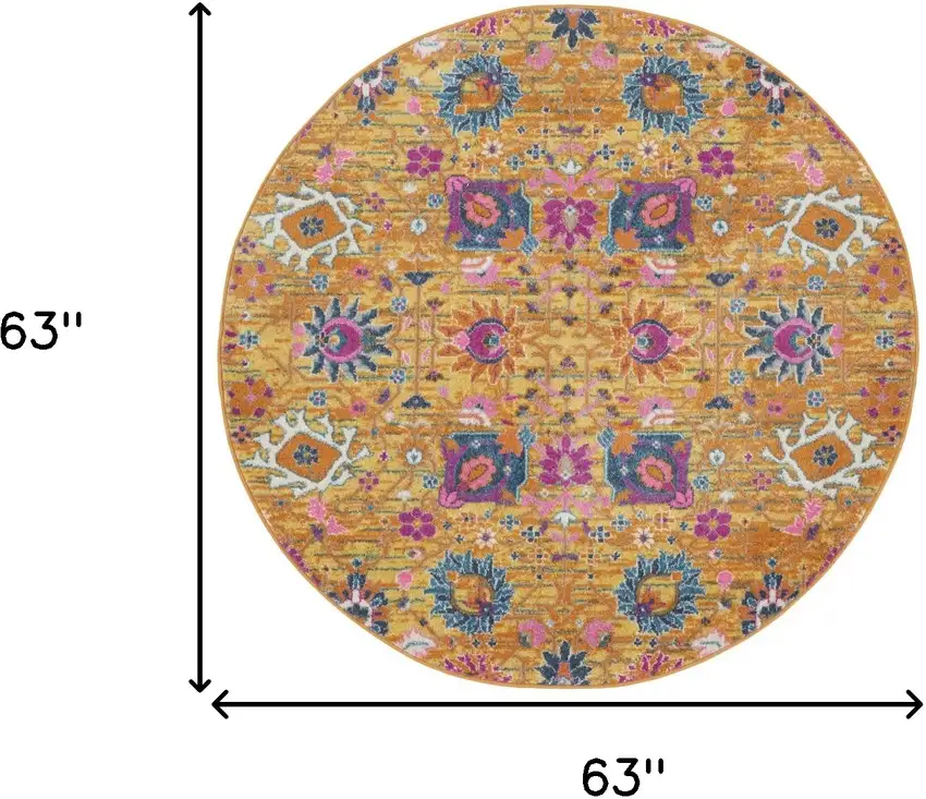 5' Gold Round Floral Power Loom Area Rug Photo 9