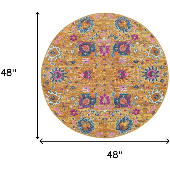 4' Gold Round Floral Power Loom Area Rug Photo 9