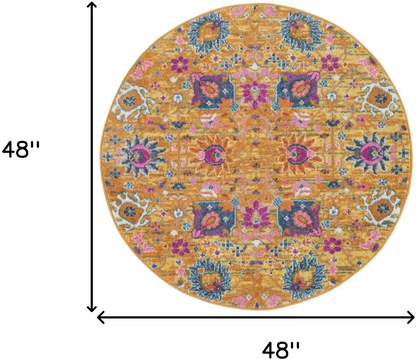 4' Gold Round Floral Power Loom Area Rug Photo 9