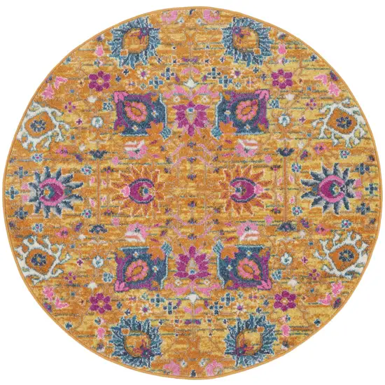 4' Gold Round Floral Power Loom Area Rug Photo 1