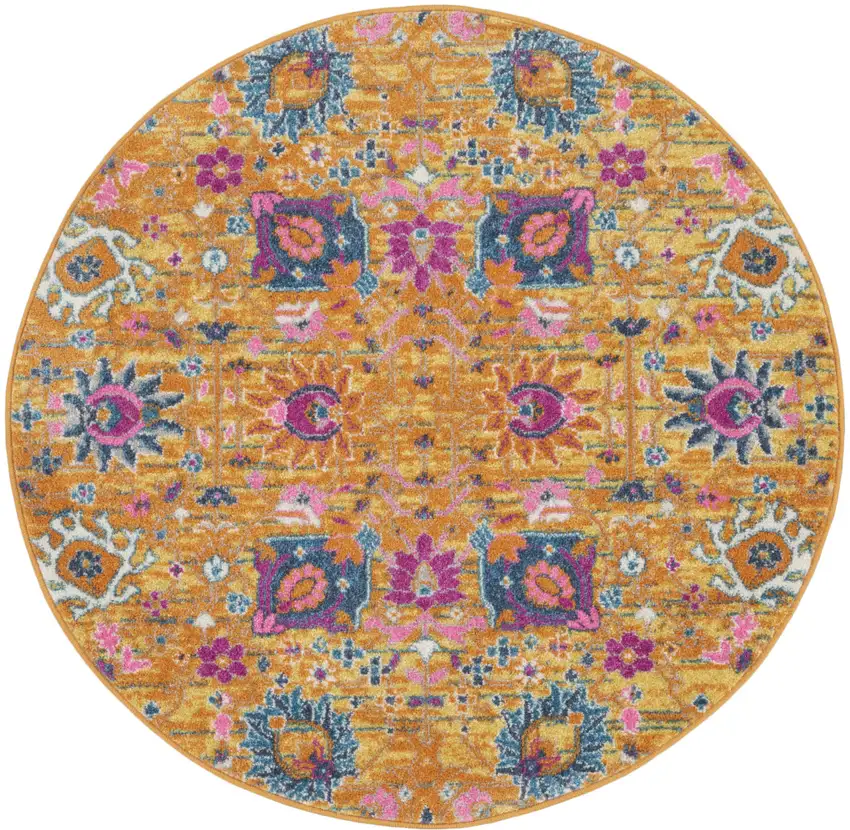 4' Gold Round Floral Power Loom Area Rug Photo 1