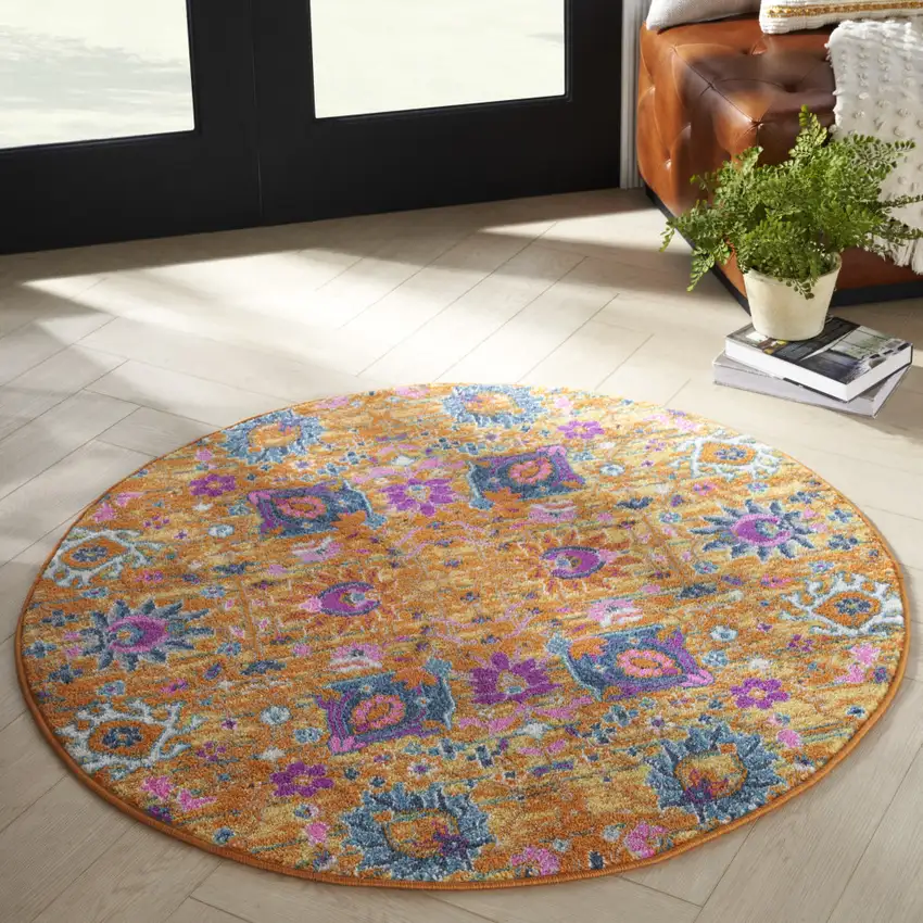 4' Gold Round Floral Power Loom Area Rug Photo 5