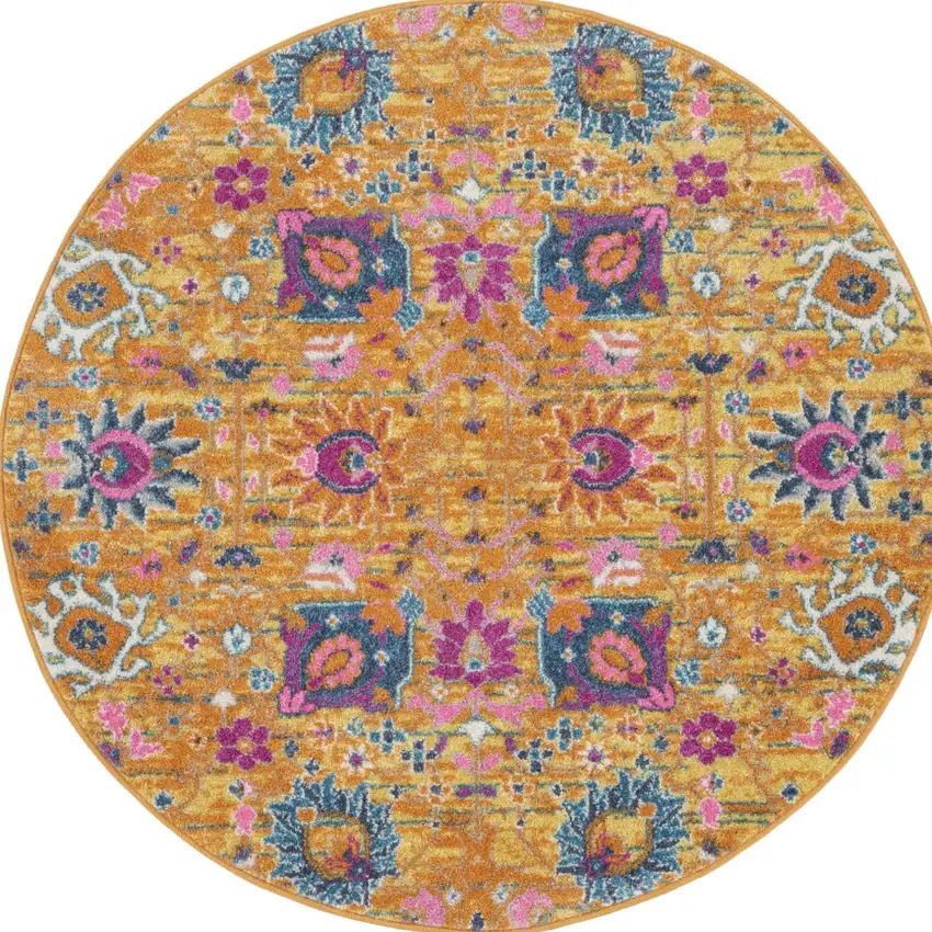 4' Gold Round Floral Power Loom Area Rug Photo 8