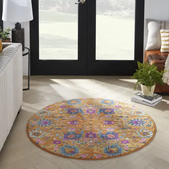 4' Gold Round Floral Power Loom Area Rug Photo 8