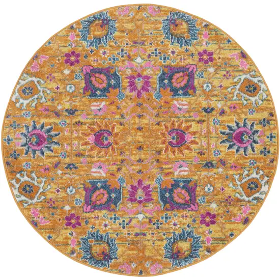 4' Gold Round Floral Power Loom Area Rug Photo 4