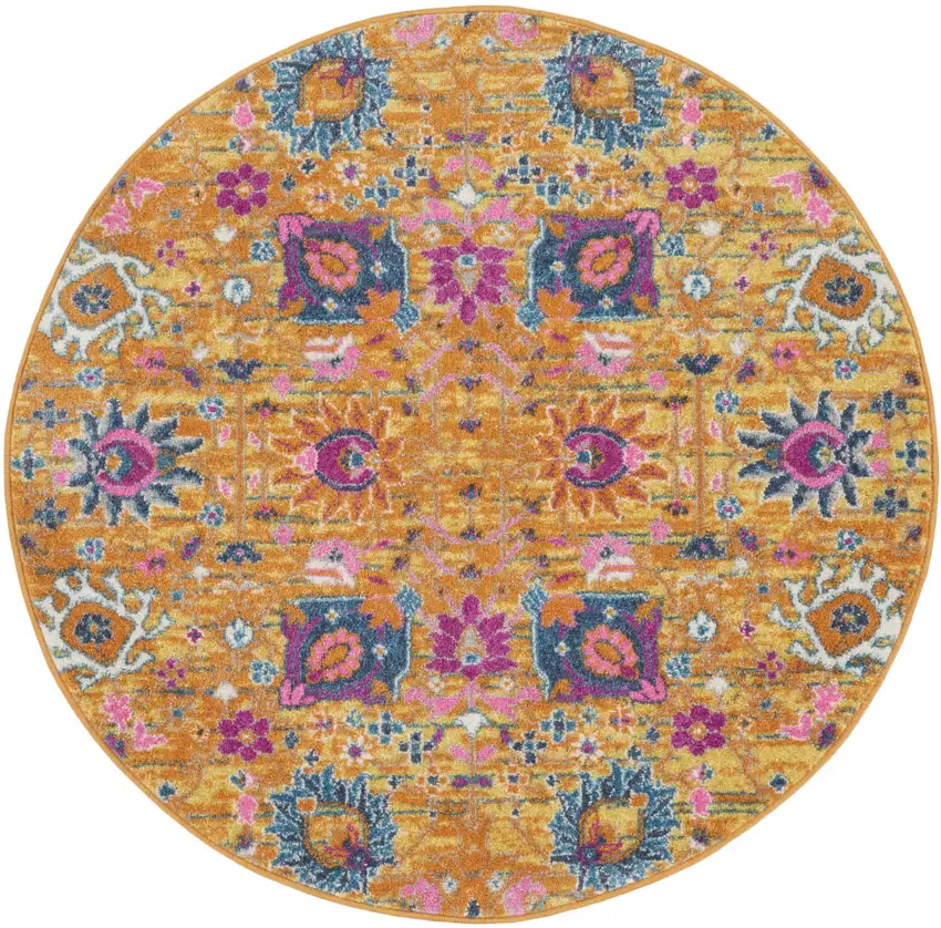 4' Gold Round Floral Power Loom Area Rug Photo 4
