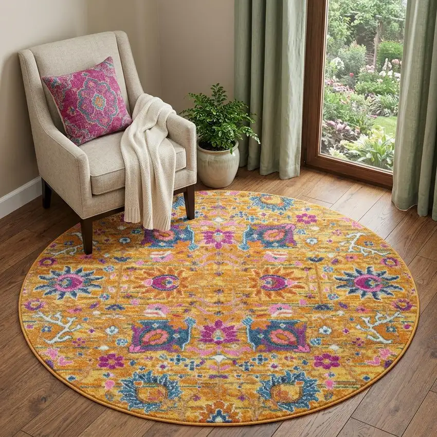 4' Gold Round Floral Power Loom Area Rug Photo 1