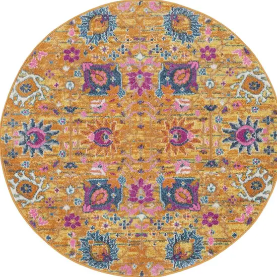 4' Gold Round Floral Power Loom Area Rug Photo 3