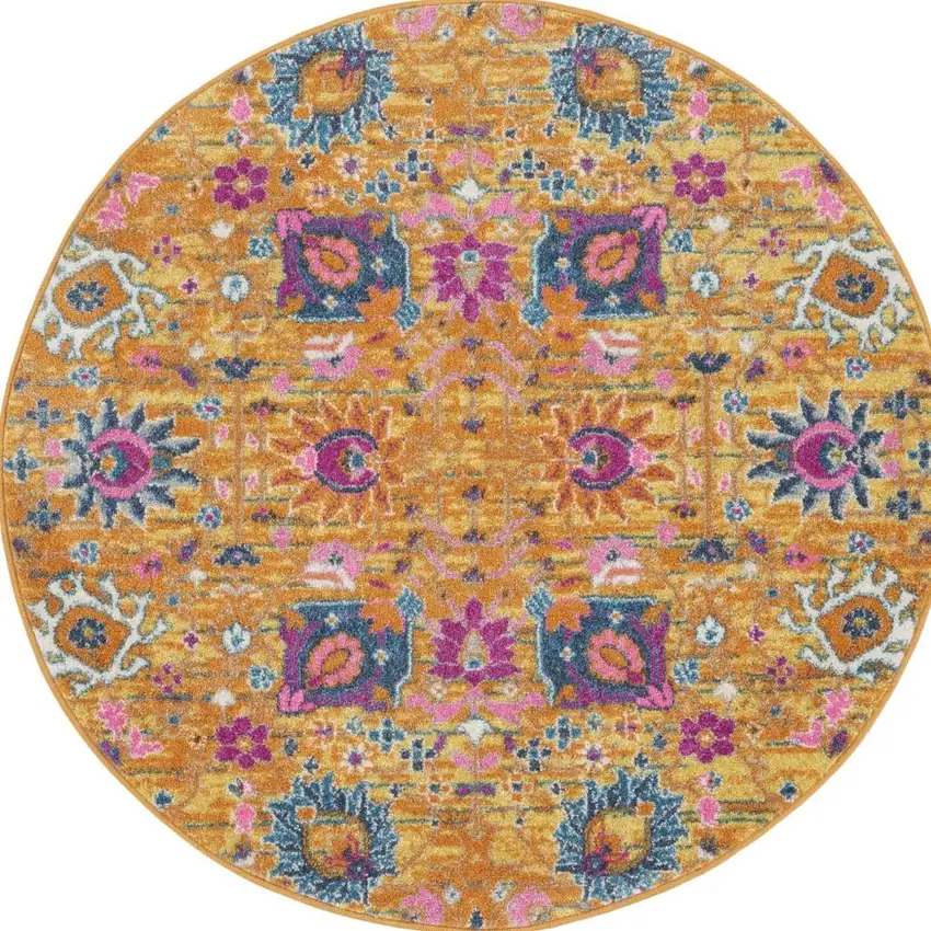 4' Gold Round Floral Power Loom Area Rug Photo 3