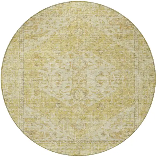 8' Gold Tan And Beige Round Oriental Washable Indoor Outdoor Area Rug Photo 5