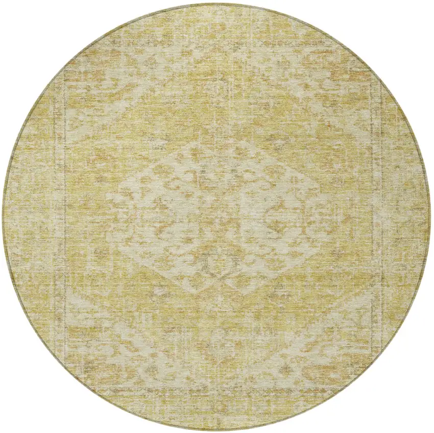 8' Gold Tan And Beige Round Oriental Washable Indoor Outdoor Area Rug Photo 5