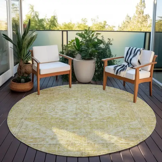 8' Gold Tan And Beige Round Oriental Washable Indoor Outdoor Area Rug Photo 6