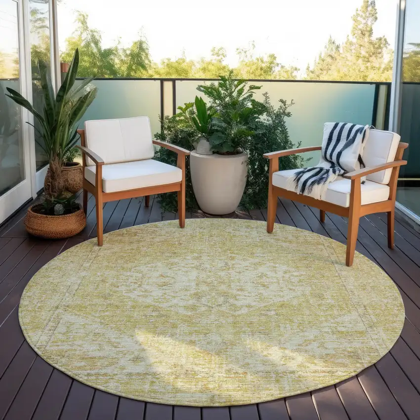 8' Gold Tan And Beige Round Oriental Washable Indoor Outdoor Area Rug Photo 6
