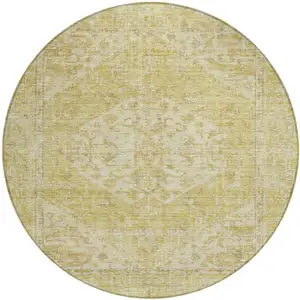 Photo of 8' Gold Tan And Beige Round Oriental Washable Indoor Outdoor Area Rug
