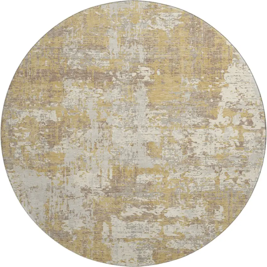 8' Gold Taupe And Beige Abstract Washable Round Rug With UV Protection Photo 1
