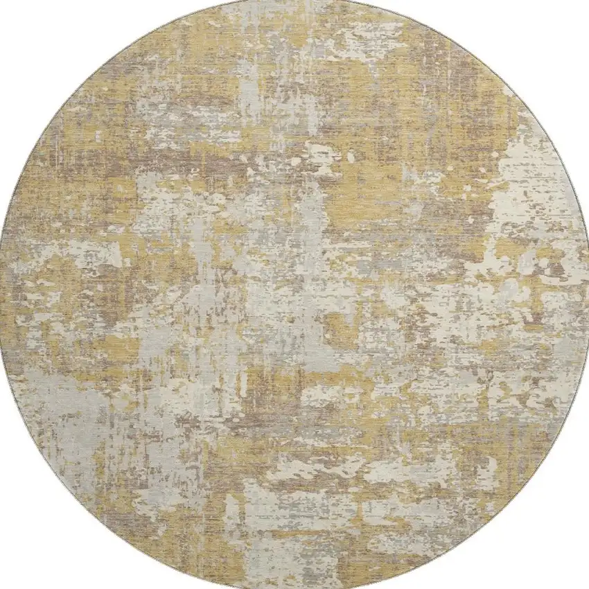 8' Gold Taupe And Beige Abstract Washable Round Rug With UV Protection Photo 2