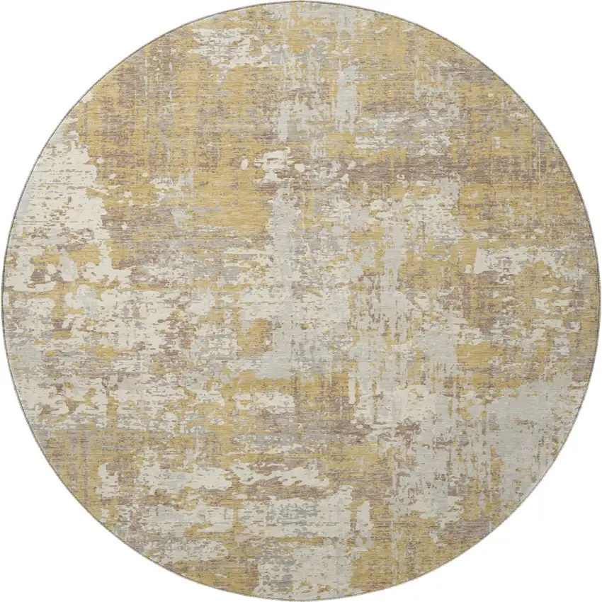 8' Gold Taupe And Beige Abstract Washable Round Rug With UV Protection Photo 3
