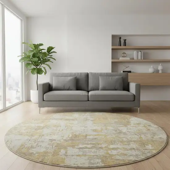 8' Gold Taupe And Beige Abstract Washable Round Rug With UV Protection Photo 2