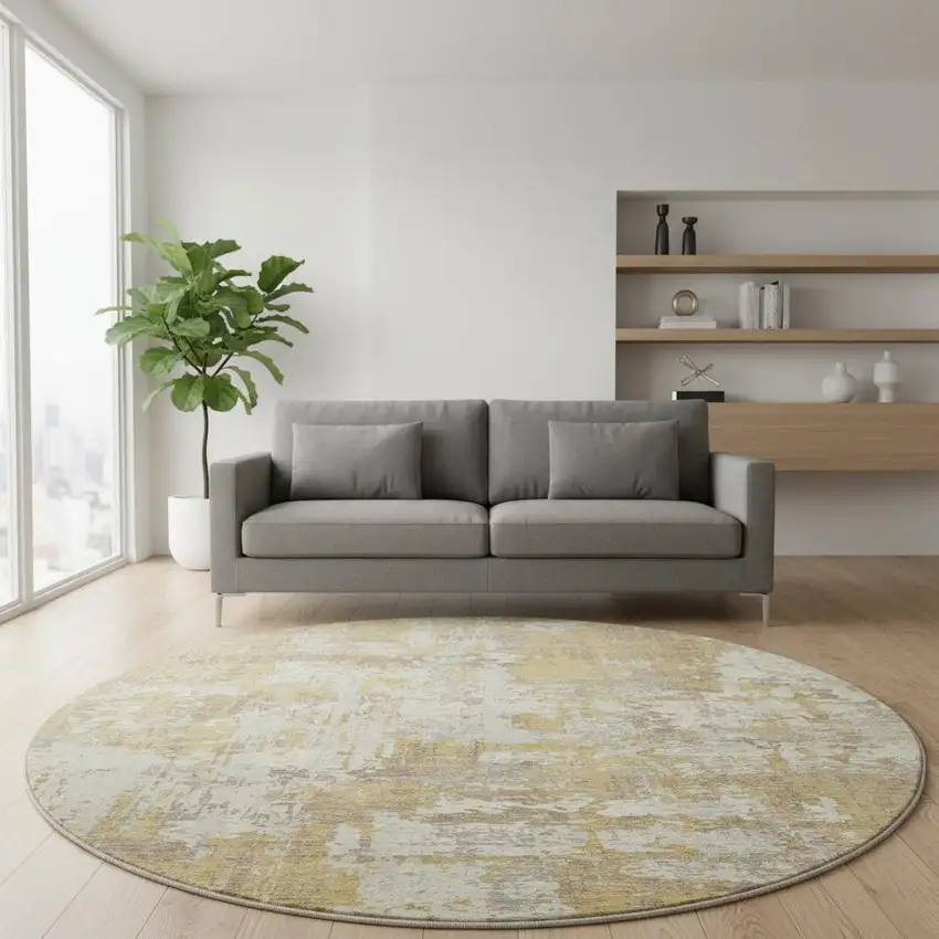 8' Gold Taupe And Beige Abstract Washable Round Rug With UV Protection Photo 2