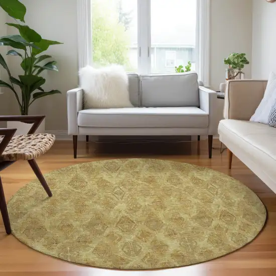 8' Gold Taupe And Beige Round Geometric Washable Indoor Outdoor Area Rug Photo 7