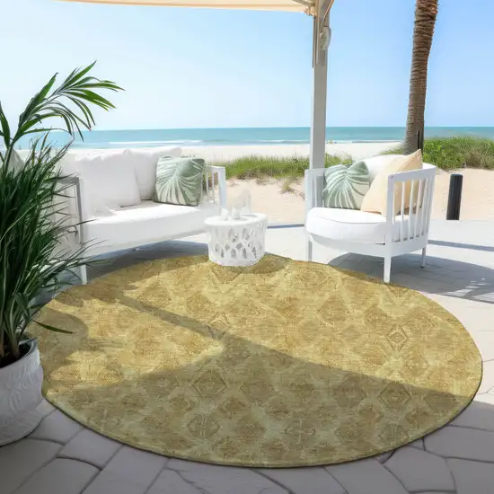 8' Gold Taupe And Beige Round Geometric Washable Indoor Outdoor Area Rug Photo 6
