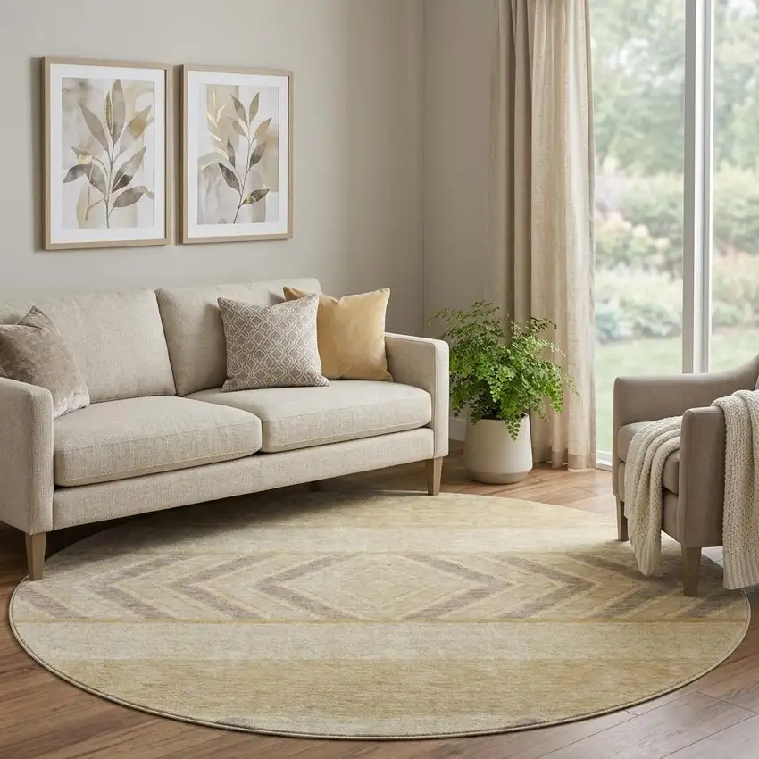 8' Gold Taupe And Beige Southwestern Washable Round Rug With UV Protection Photo 1