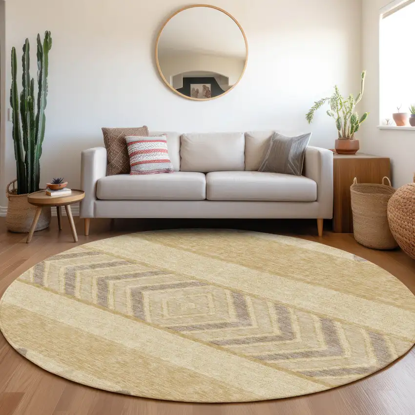 8' Gold Taupe And Beige Southwestern Washable Round Rug With UV Protection Photo 4