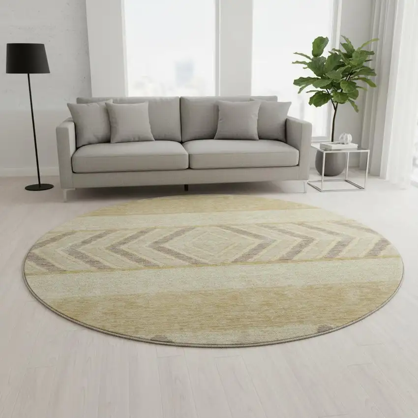 8' Gold Taupe And Beige Southwestern Washable Round Rug With UV Protection Photo 2