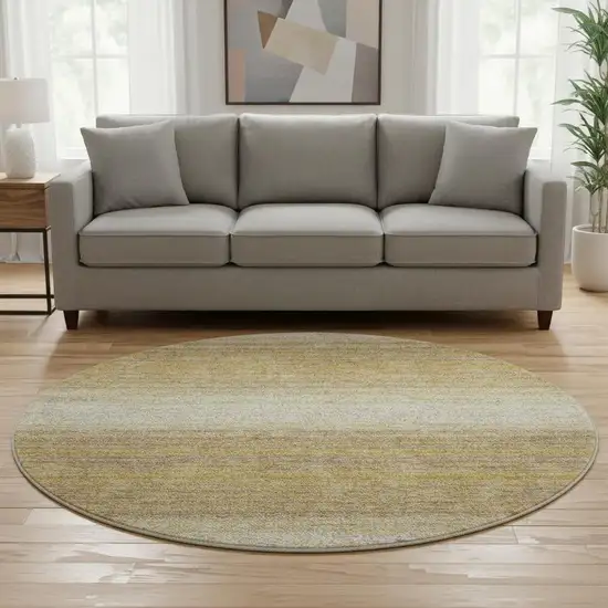 8' Gold Taupe And Ivory Striped Washable Round Rug With UV Protection Photo 2