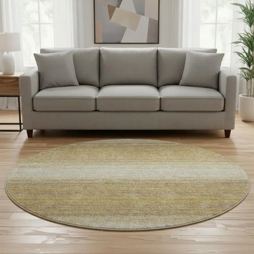 8' Gold Taupe And Ivory Striped Washable Round Rug With UV Protection Photo 2