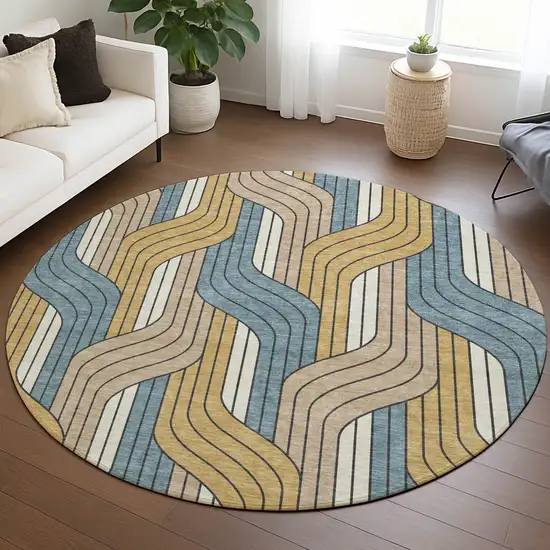 8' Gold Teal Blue And Beige Round Striped Washable Indoor Outdoor Area Rug Photo 5
