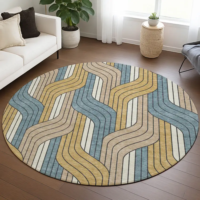 8' Gold Teal Blue And Beige Round Striped Washable Indoor Outdoor Area Rug Photo 5