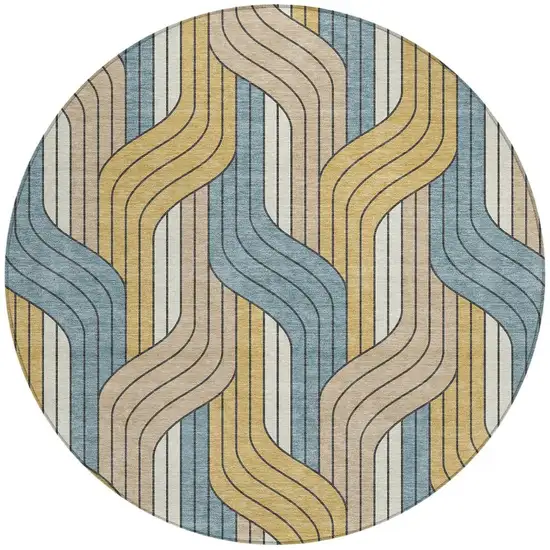 8' Gold Teal Blue And Beige Round Striped Washable Indoor Outdoor Area Rug Photo 2